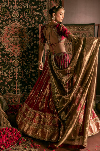 Lehenga Set For Indian Wedding - Maroon Devi Lehenga by Prevasu