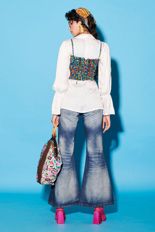 Shirt with Corset for Contemporary Wear – White Melody Cultures Flounce Sleeve by Label Esha Amin