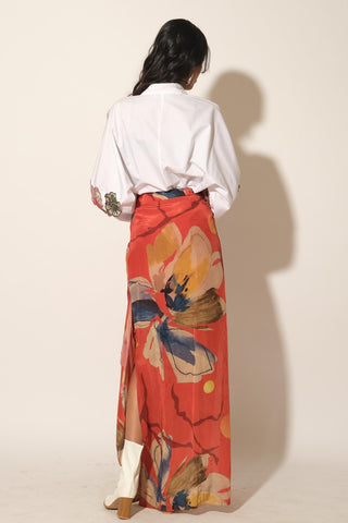 Skirt for Contemporary Wear – Red Serigraph Floral Asymmetrical by Label Esha Amin