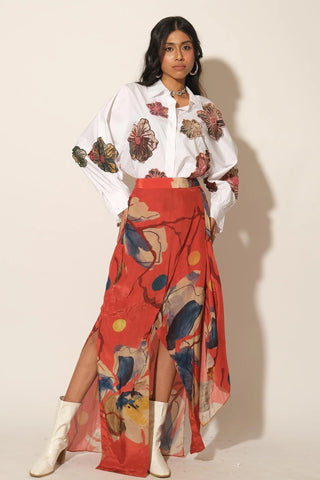 Shirt for Contemporary Wear – White Serigraph Floral Embroidered by Label Esha Amin