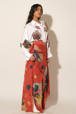 Skirt for Contemporary Wear – Red Serigraph Floral Asymmetrical by Label Esha Amin
