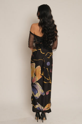 Skirt for Contemporary Wear – Black Serigraph Floral Printed by Label Esha Amin