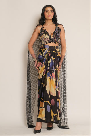 Skirt for Contemporary Wear – Black Serigraph Floral Printed by Label Esha Amin