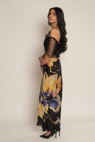 Skirt for Contemporary Wear – Black Serigraph Floral Printed by Label Esha Amin