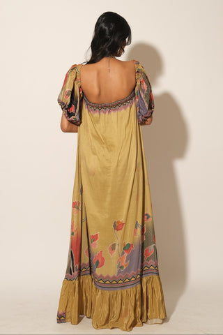 Dress for Contemporary Wear – Yellow Serigraph Floral Maxi by Label Esha Amin