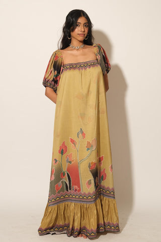 Dress for Contemporary Wear – Yellow Serigraph Floral Maxi by Label Esha Amin