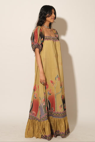 Dress for Contemporary Wear – Yellow Serigraph Floral Maxi by Label Esha Amin