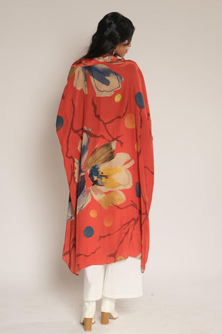 Shirt for Contemporary Wear – Red Serigraph Floral Long by Label Esha Amin