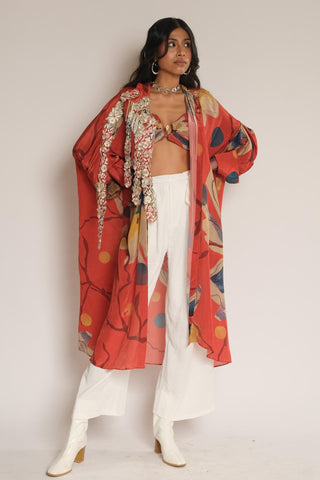 Shirt for Contemporary Wear – Red Serigraph Floral Long by Label Esha Amin