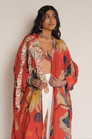 Shirt for Contemporary Wear – Red Serigraph Floral Long by Label Esha Amin