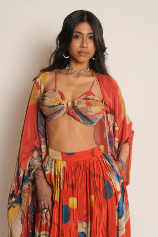 Lehenga Set for Indian Wedding – Red Serigraph with Cape by Label Esha Amin