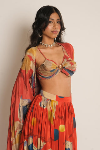 Lehenga Set for Indian Wedding – Red Serigraph with Cape by Label Esha Amin