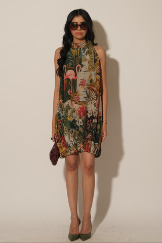 Dress for Contemporary Wear – Multicolor Serigraph Flamingo Halter by Label Esha Amin