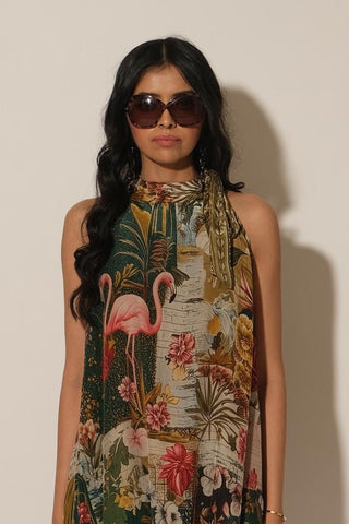 Dress for Contemporary Wear – Multicolor Serigraph Flamingo Halter by Label Esha Amin