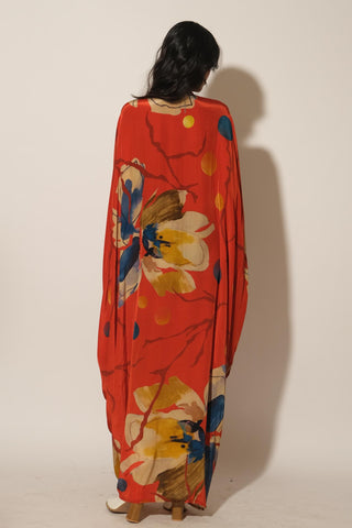 Kaftan Dress for Contemporary Wear – Red Serigraph Floral by Label Esha Amin