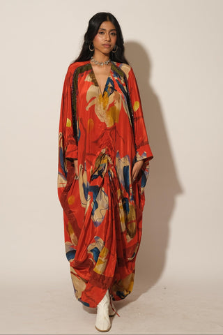 Kaftan Dress for Contemporary Wear – Red Serigraph Floral by Label Esha Amin