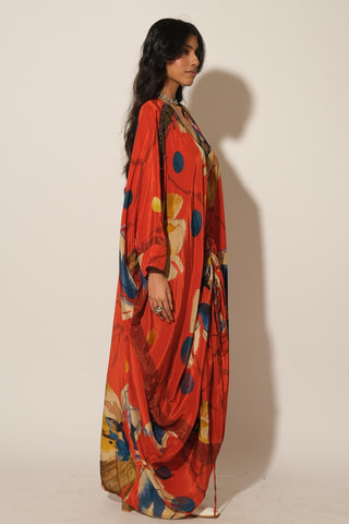 Kaftan Dress for Contemporary Wear – Red Serigraph Floral by Label Esha Amin