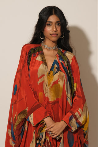Kaftan Dress for Contemporary Wear – Red Serigraph Floral by Label Esha Amin