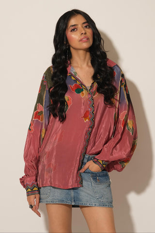 Shirt for Contemporary Wear – Pink Serigraph Floral by Label Esha Amin
