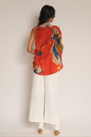 Drape Top for Contemporary Wear – Red Serigraph Floral Embroidered by Label Esha Amin