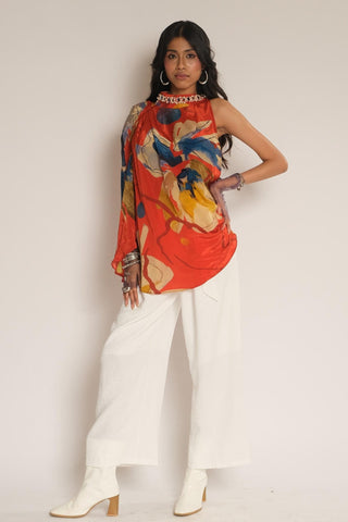 Drape Top for Contemporary Wear – Red Serigraph Floral Embroidered by Label Esha Amin