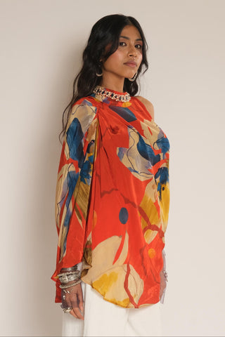 Drape Top for Contemporary Wear – Red Serigraph Floral Embroidered by Label Esha Amin