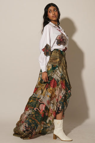 Skirt for Contemporary Wear – Green Serigraph Flamingo by Label Esha Amin