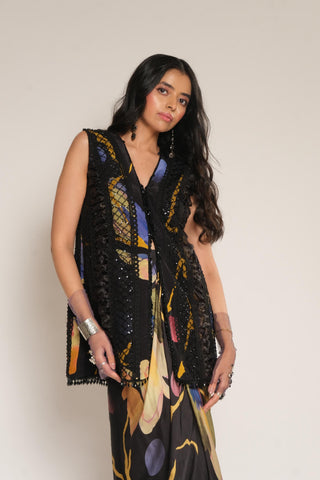 Jacket for Contemporary Wear – Black Serigraph Sleeveless by Label Esha Amin