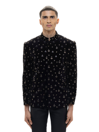 Black motifs embellished bandhgala set