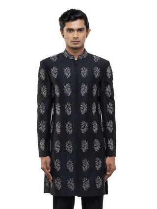 Black & chrome silk embroidered sherwani set