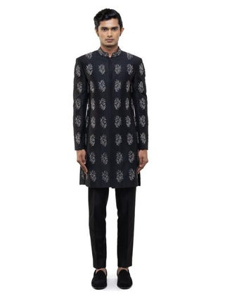 Black & chrome silk embroidered sherwani set