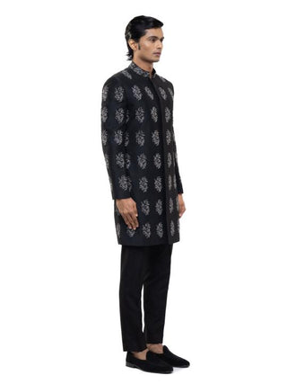 Black & chrome silk embroidered sherwani set
