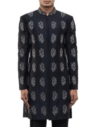 Black & chrome silk embroidered sherwani set