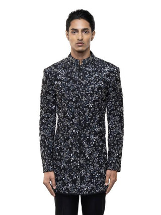 Black floral embroidered sherwani set