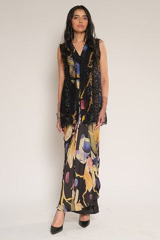 Jacket for Contemporary Wear – Black Serigraph Sleeveless by Label Esha Amin