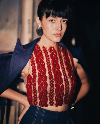 Red fahrenheit embellished knit crop top
