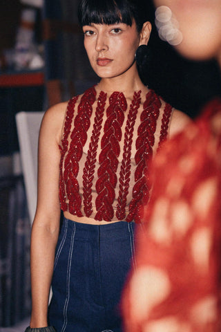 Red fahrenheit embellished knit crop top