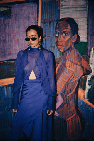 Blue fahrenheit draped sheer blouse