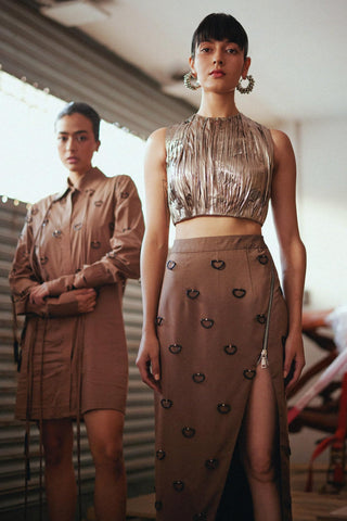 Gold fahrenheit metallic ruched draped top