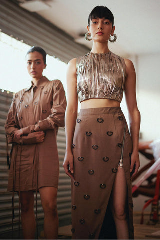 Brown fahrenheit d-ring embellished pencil slit skirt