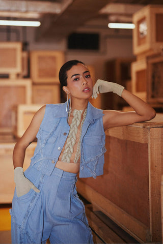 Blue fahrenheit denim appliqué flared trousers