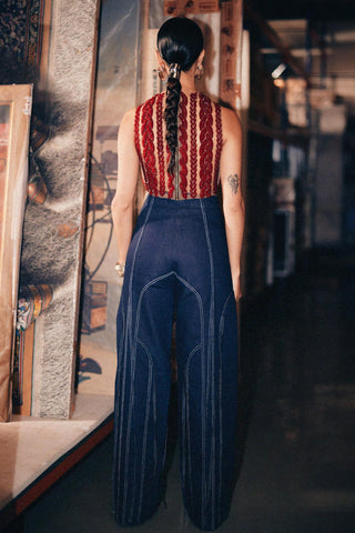 Blue fahrenheit panelled trousers with ties