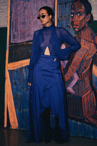 Blue fahrenheit draped panelled skirt