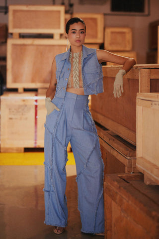 Blue fahrenheit denim appliqué cropped jacket