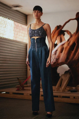 Blue fahrenheit denim corset trousers