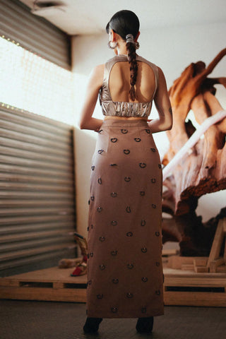 Brown fahrenheit d-ring embellished pencil slit skirt