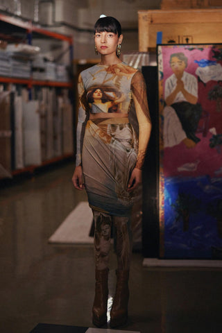 Multicolor fahrenheit euphoria printed mesh pencil skirt