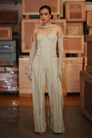 Green fahrenheit panelled jumpsuit with ties