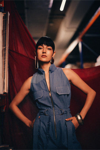 Blue fahrenheit boiler suit with floral appliqué jumpsuit