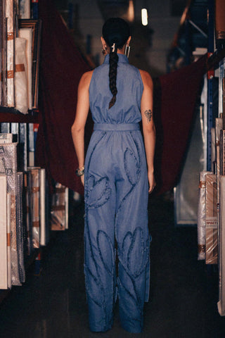 Blue fahrenheit boiler suit with floral appliqué jumpsuit